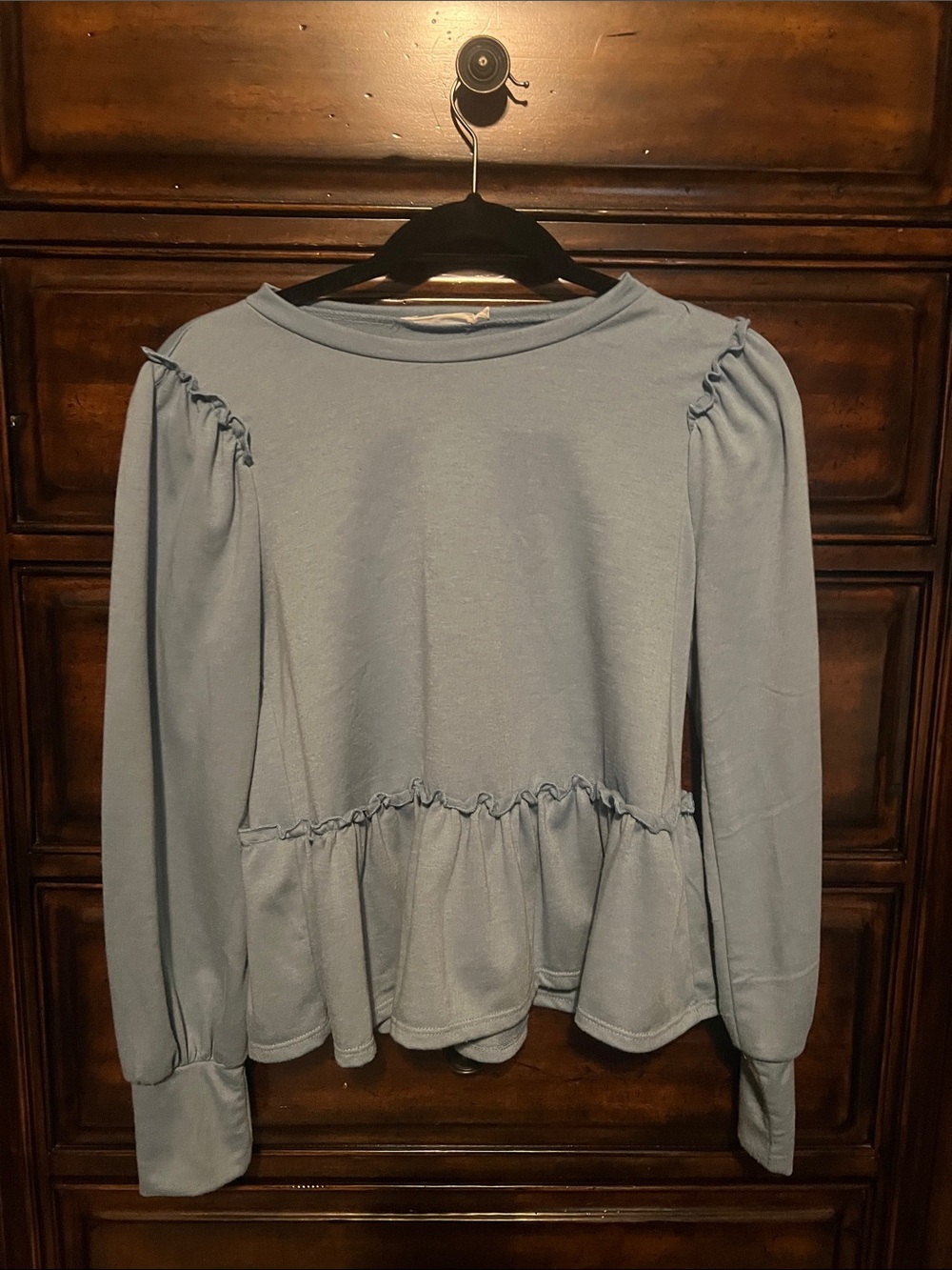 Lush Light Blue Ruffled Peplum Sweatshirt